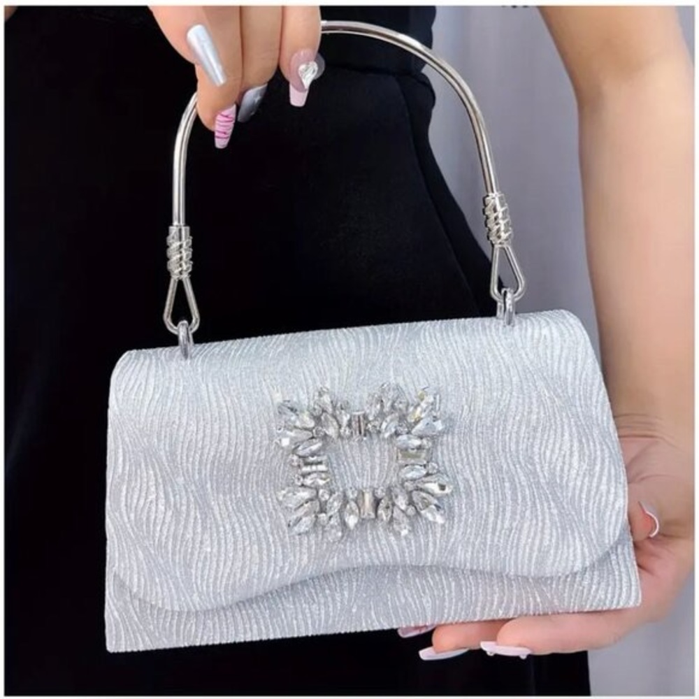 Elegant Silver Rhinestone Evening Bag With Handle and Chain